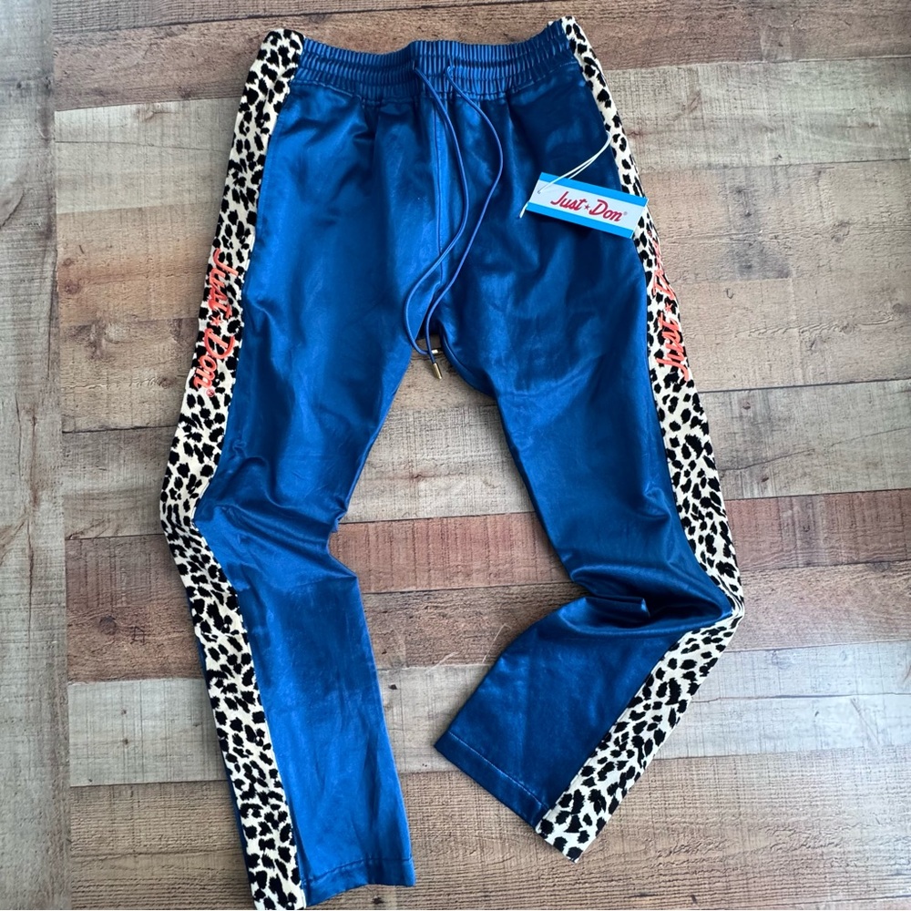JUST DON Tearaway Track Pants Blue Satin Leopard Trim Men MEDIUM NEW WITH TAG